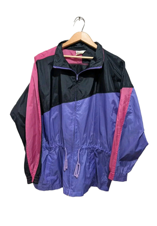 Vintage Women's Windbreaker Jacket – Pink, Black, and Purple, Size Medium